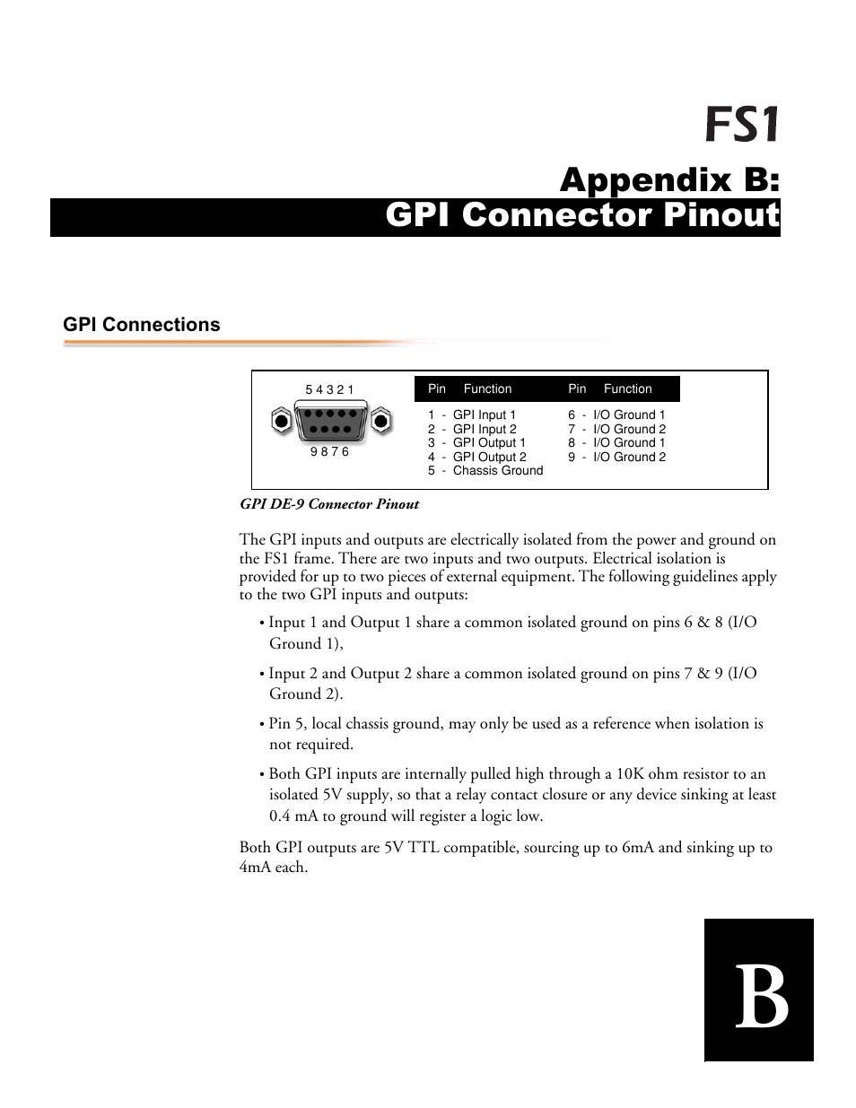Appendix b: gpi connector pinout | AJA FS1 User Manual | Page 103 / 106