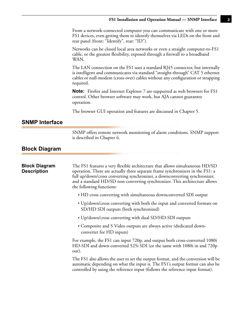 Snmp interface block diagram, Block diagram description | AJA FS1 User Manual | Page 11 / 106
