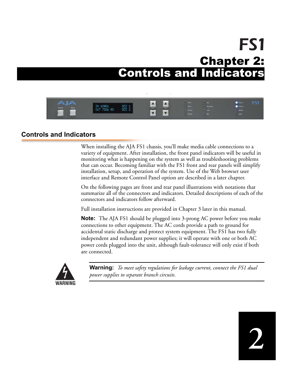 Controls and indicators, Chapter 2: controls and indicators | AJA FS1 User Manual | Page 15 / 106
