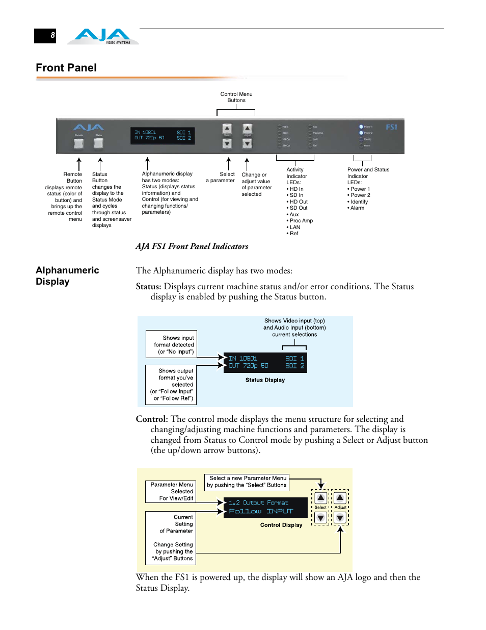 Chapter 2: controls and indicators, Front panel, Alphanumeric display | Aja fs1 front panel indicators | AJA FS1 User Manual | Page 16 / 106