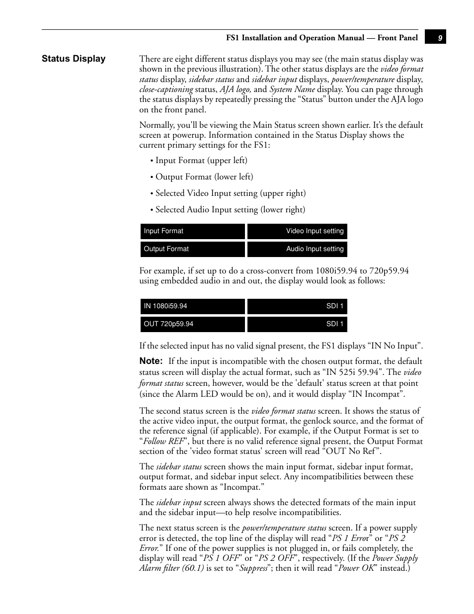 Status display | AJA FS1 User Manual | Page 17 / 106