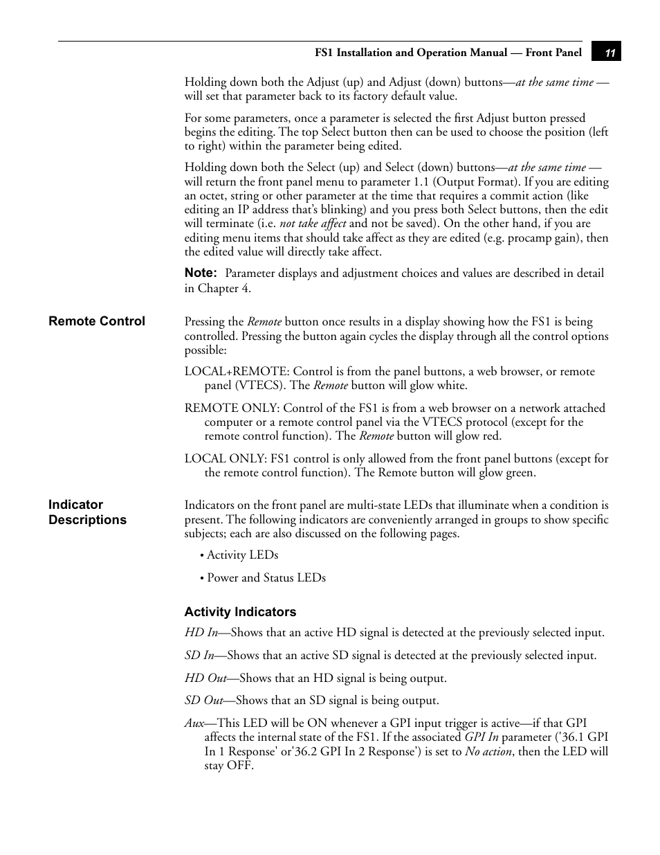 Remote control indicator descriptions, Activity indicators | AJA FS1 User Manual | Page 19 / 106