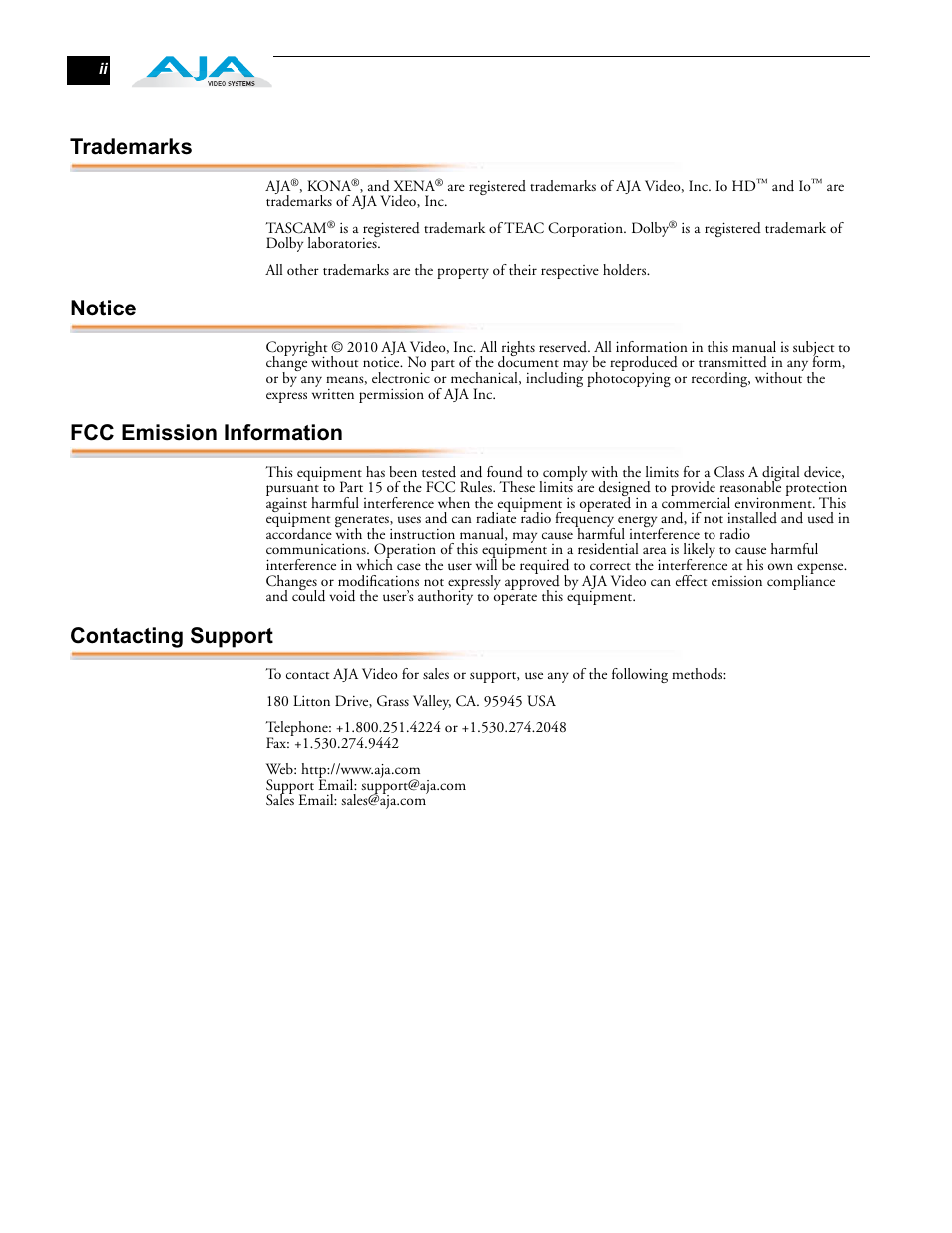 Trademarks, Notice, Fcc emission information | Contacting support | AJA FS1 User Manual | Page 2 / 106