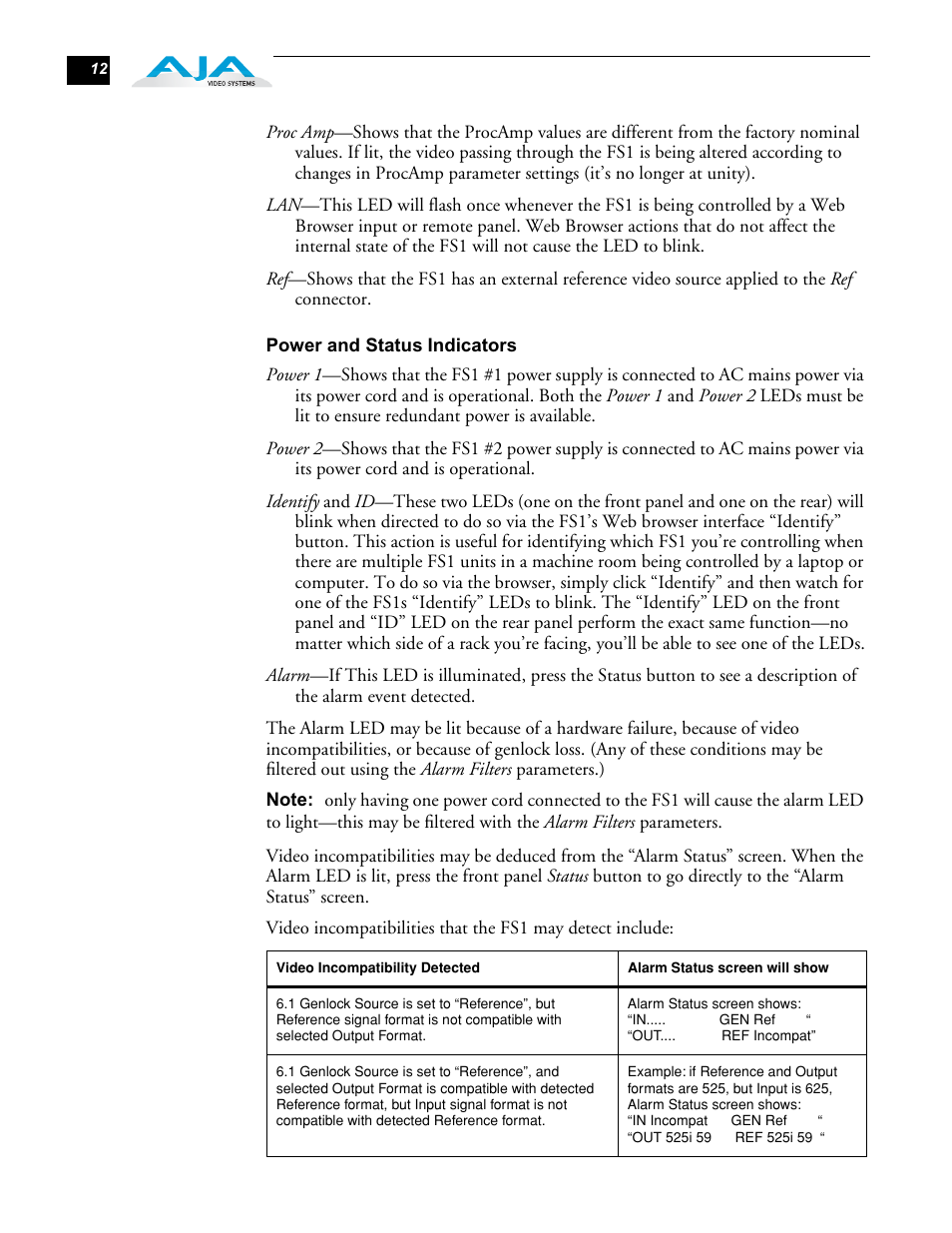 Power and status indicators | AJA FS1 User Manual | Page 20 / 106