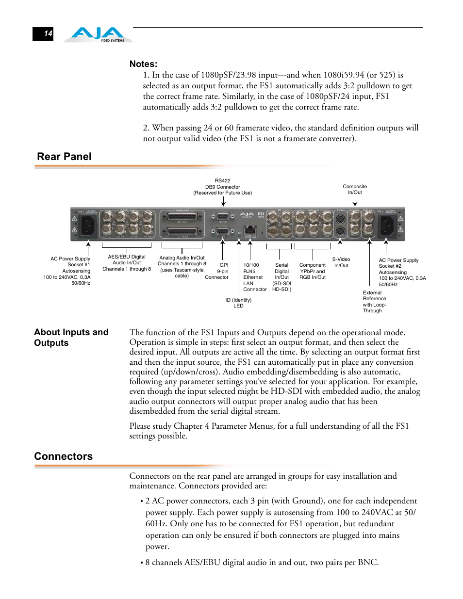 Rear panel, About inputs and outputs, Connectors | AJA FS1 User Manual | Page 22 / 106