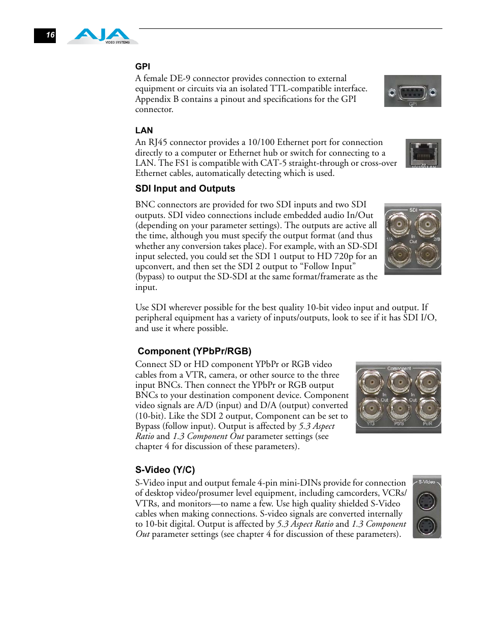Gpi lan component (ypbpr/rgb) s-video (y/c) | AJA FS1 User Manual | Page 24 / 106