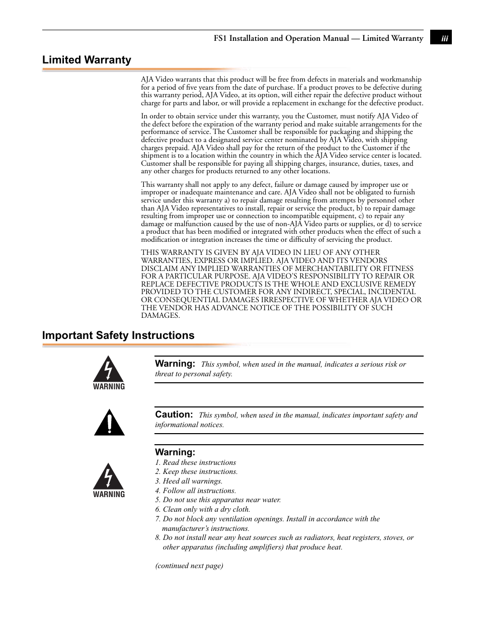 Limited warranty, Important safety instructions | AJA FS1 User Manual | Page 3 / 106