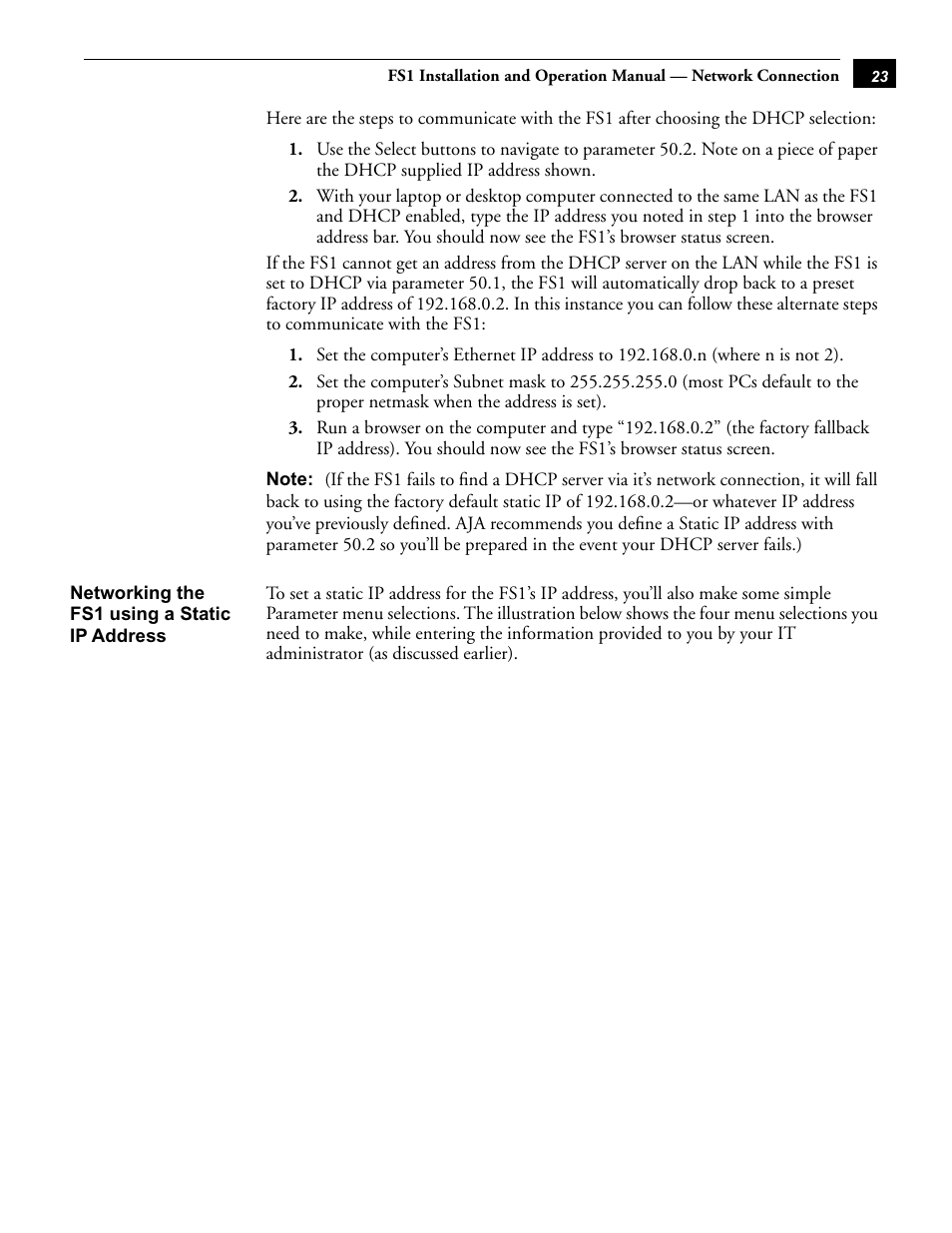 Networking the fs1 using a static ip address | AJA FS1 User Manual | Page 31 / 106