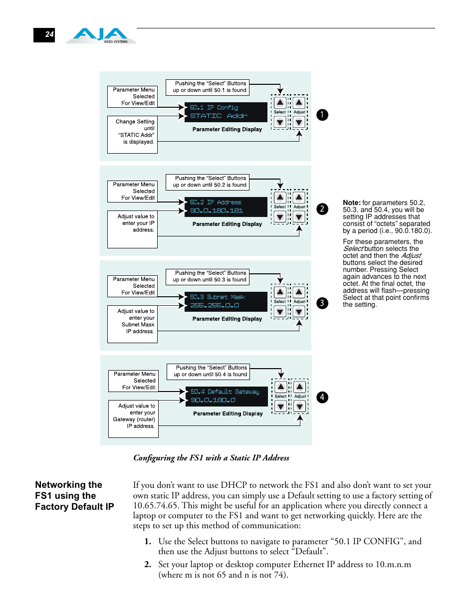 Networking the fs1 using the factory default ip | AJA FS1 User Manual | Page 32 / 106