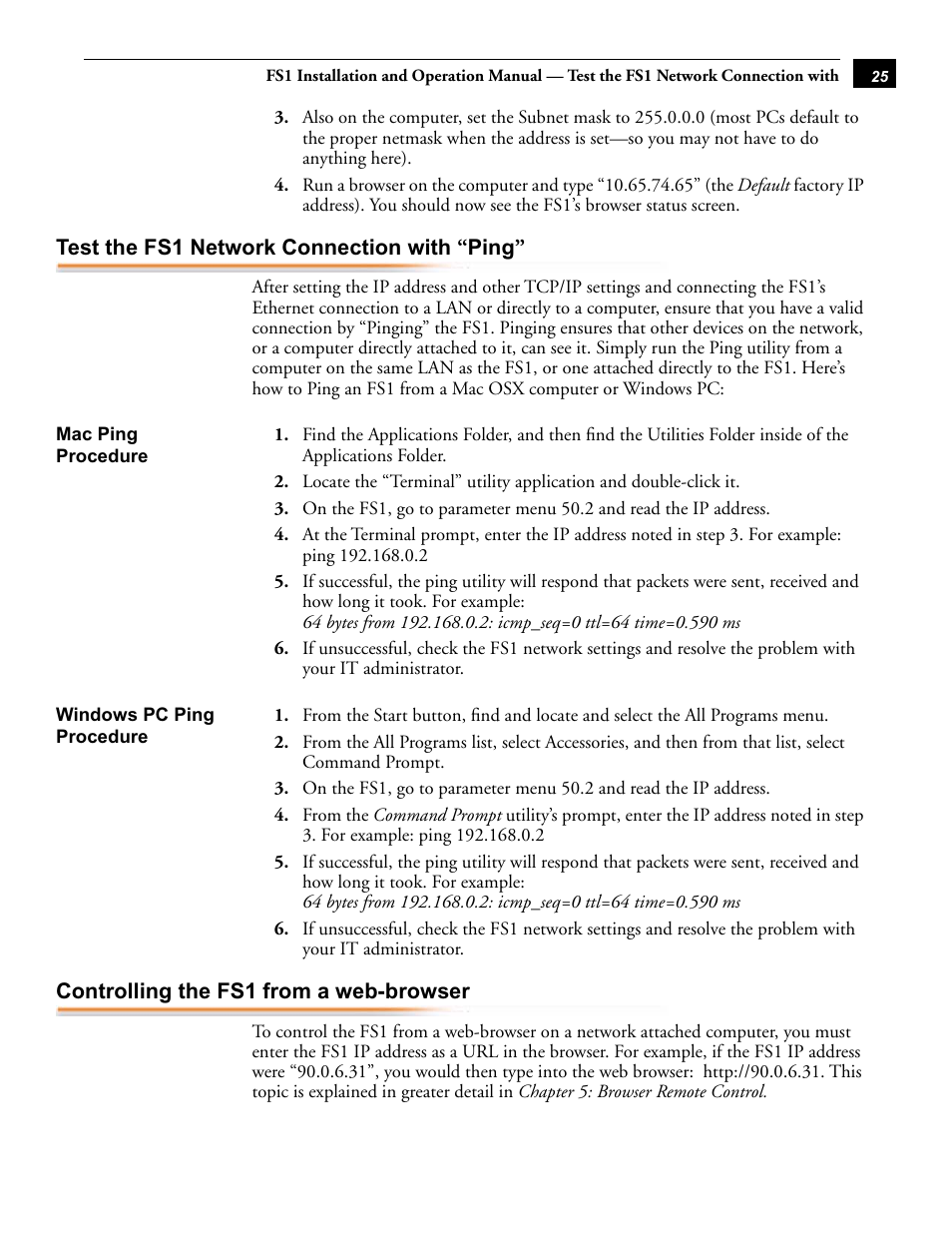 Test the fs1 network connection with “ping, Mac ping procedure windows pc ping procedure, Controlling the fs1 from a web-browser | AJA FS1 User Manual | Page 33 / 106