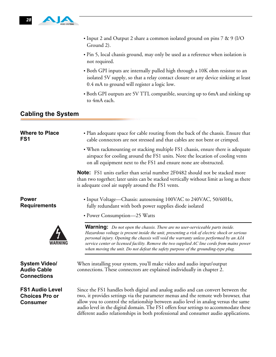 Cabling the system | AJA FS1 User Manual | Page 36 / 106