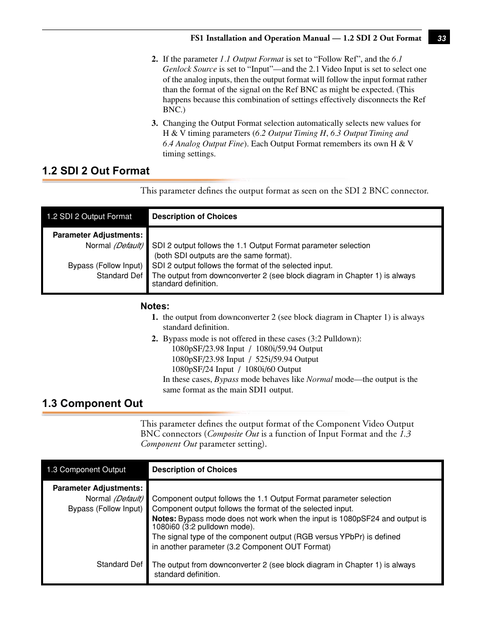 2 sdi 2 out format 1.3 component out, 2 sdi 2 out format, 3 component out | AJA FS1 User Manual | Page 41 / 106