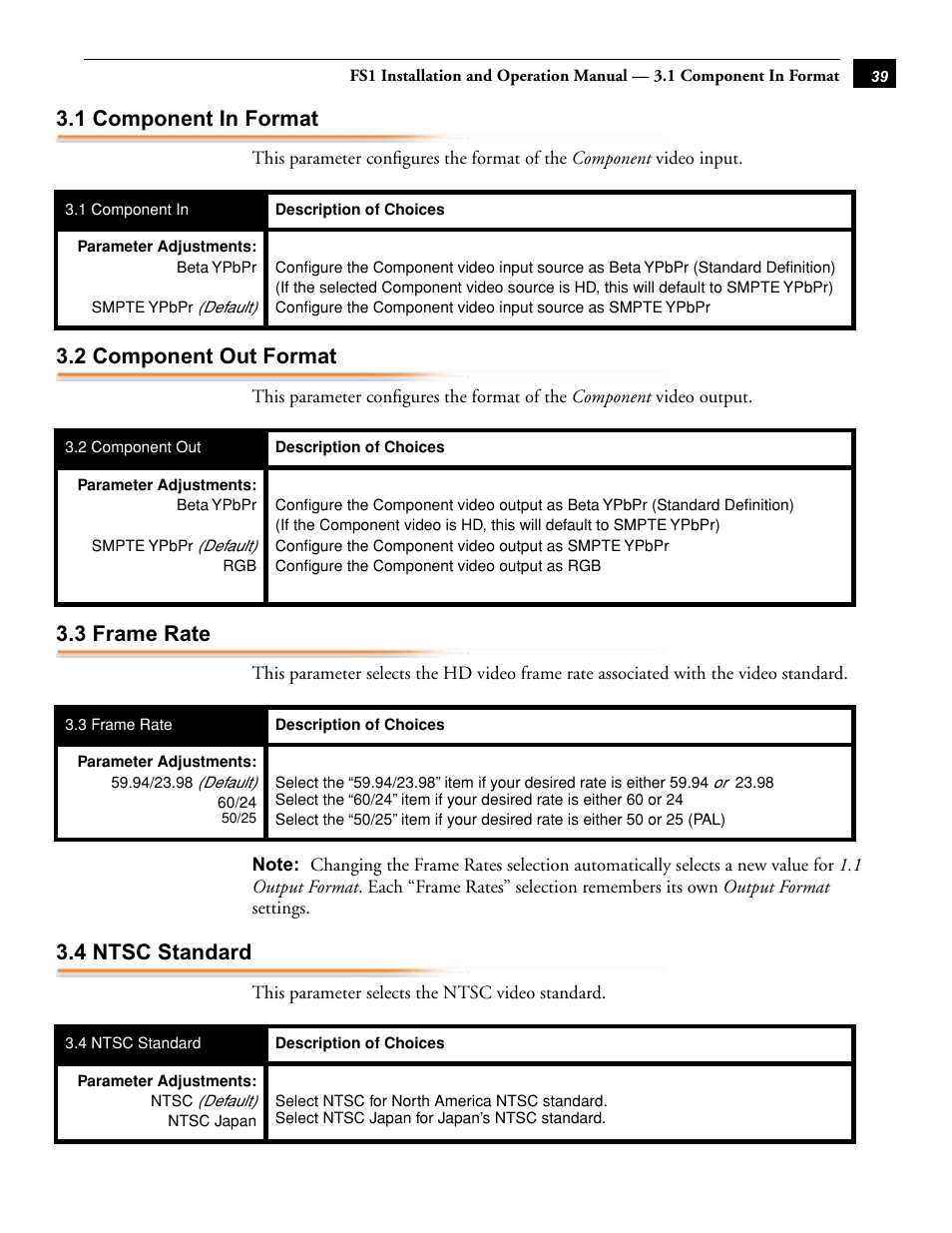 1 component in format 3.2 component out format, 3 frame rate 3.4 ntsc standard, 1 component in format | 2 component out format, 3 frame rate, 4 ntsc standard | AJA FS1 User Manual | Page 47 / 106