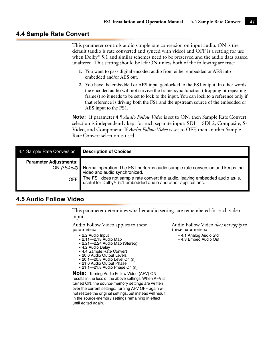 4 sample rate convert 4.5 audio follow video, 4 sample rate convert, 5 audio follow video | AJA FS1 User Manual | Page 49 / 106