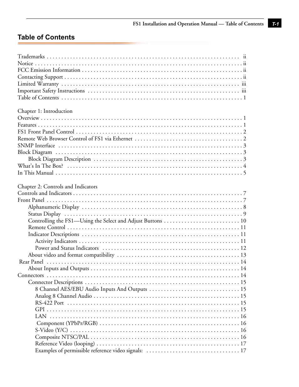 AJA FS1 User Manual | Page 5 / 106