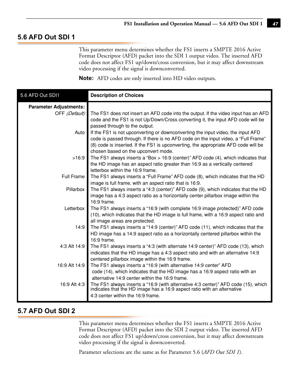 6 afd out sdi 1 5.7 afd out sdi 2, 6 afd out sdi 1, 7 afd out sdi 2 | AJA FS1 User Manual | Page 55 / 106