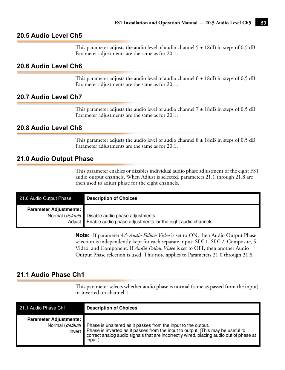 5 audio level ch5, 6 audio level ch6, 7 audio level ch7 | 8 audio level ch8, 0 audio output phase, 1 audio phase ch1 | AJA FS1 User Manual | Page 61 / 106