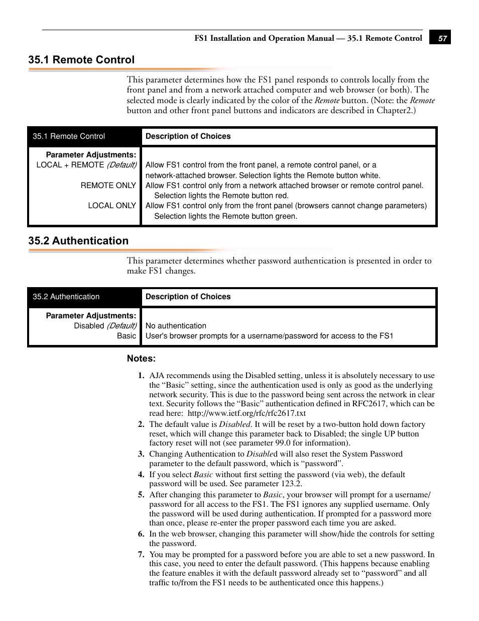 1 remote control 35.2 authentication, 1 remote control, 2 authentication | AJA FS1 User Manual | Page 65 / 106