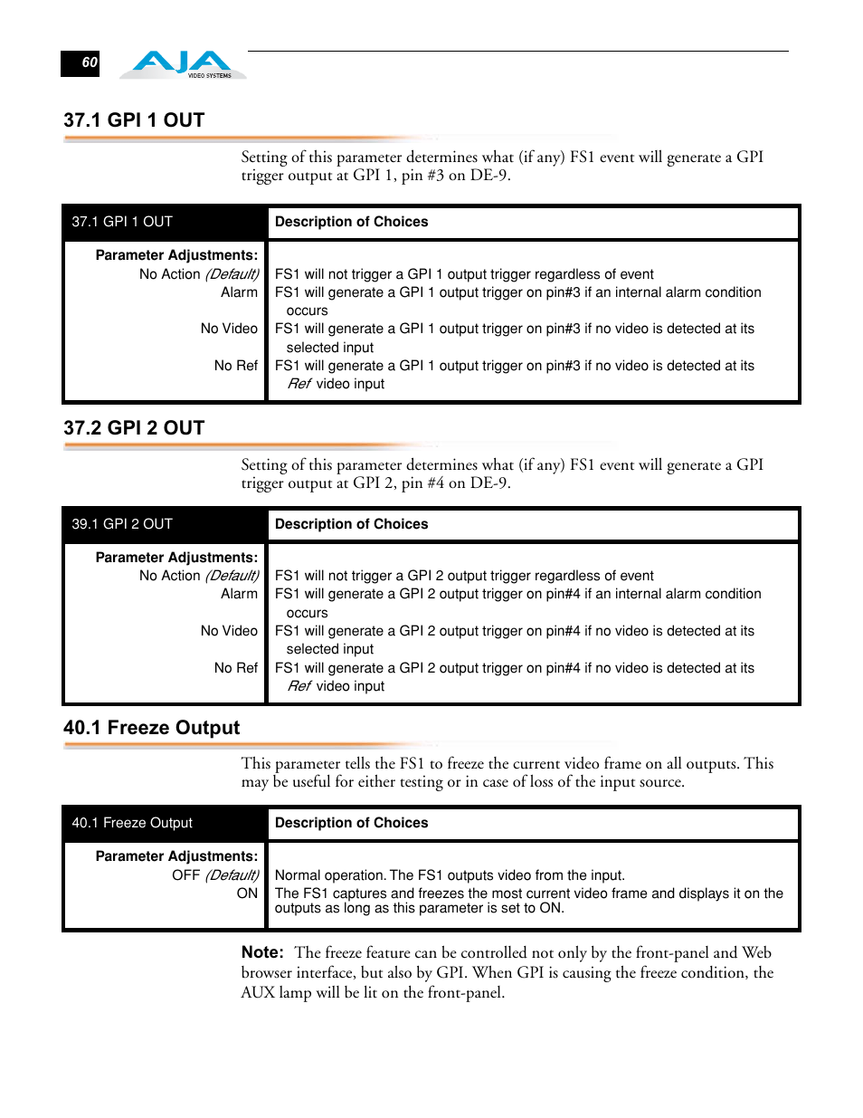 1 gpi 1 out 37.2 gpi 2 out 40.1 freeze output, 1 gpi 1 out, 2 gpi 2 out | 1 freeze output | AJA FS1 User Manual | Page 68 / 106