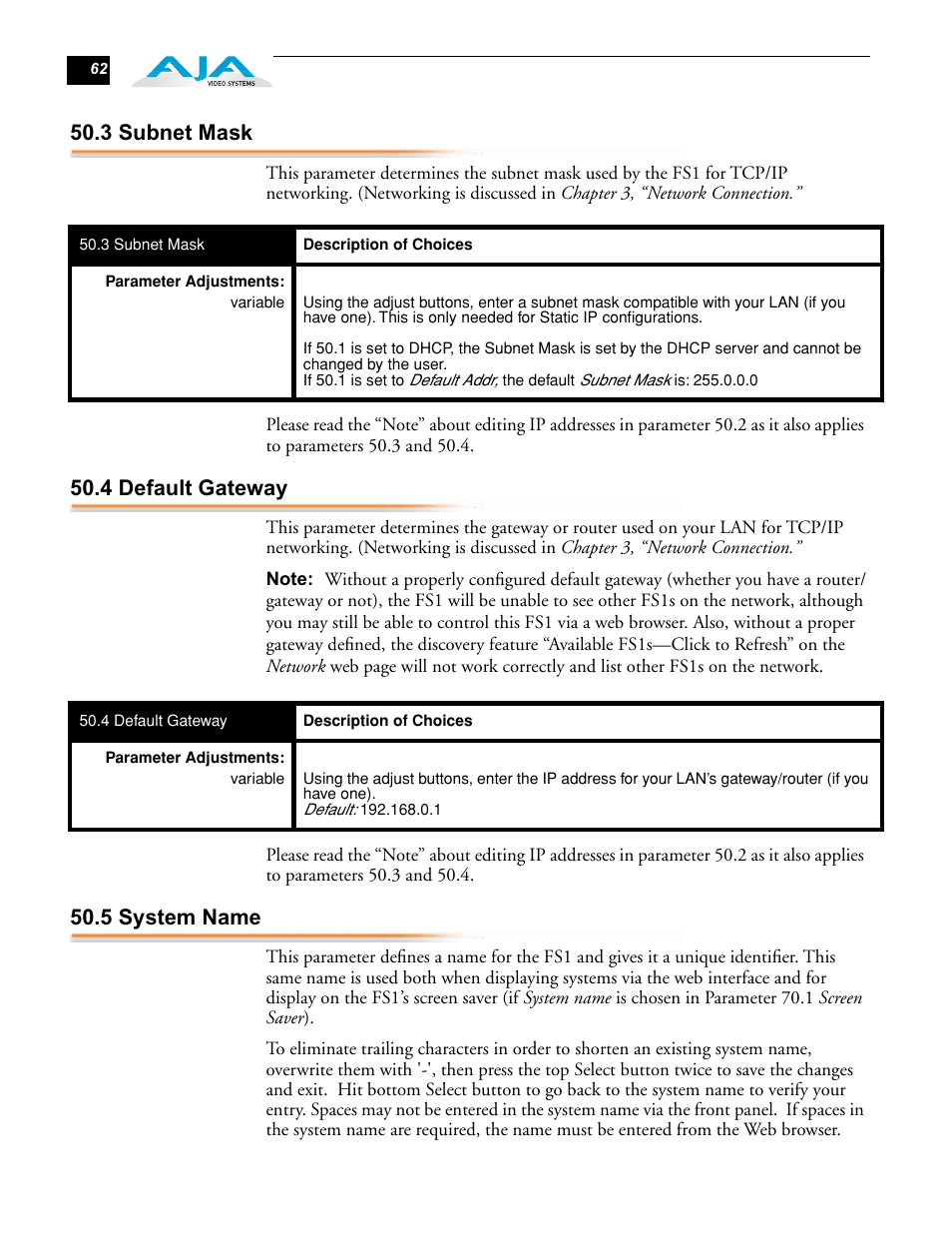 3 subnet mask, 4 default gateway, 5 system name | AJA FS1 User Manual | Page 70 / 106