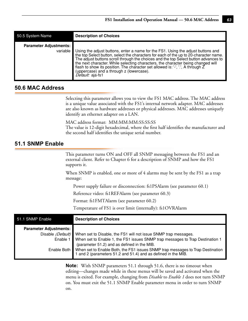 6 mac address 51.1 snmp enable, 6 mac address, 1 snmp enable | AJA FS1 User Manual | Page 71 / 106