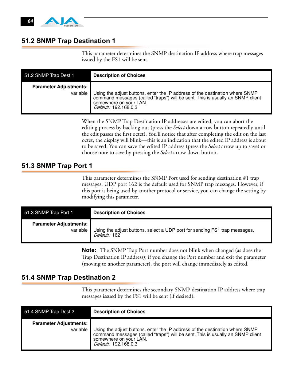 2 snmp trap destination 1, 3 snmp trap port 1, 4 snmp trap destination 2 | AJA FS1 User Manual | Page 72 / 106