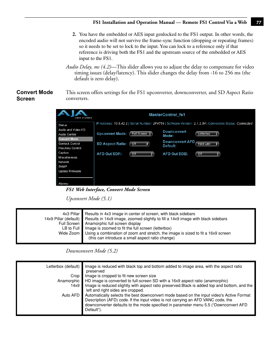 Convert mode screen | AJA FS1 User Manual | Page 85 / 106