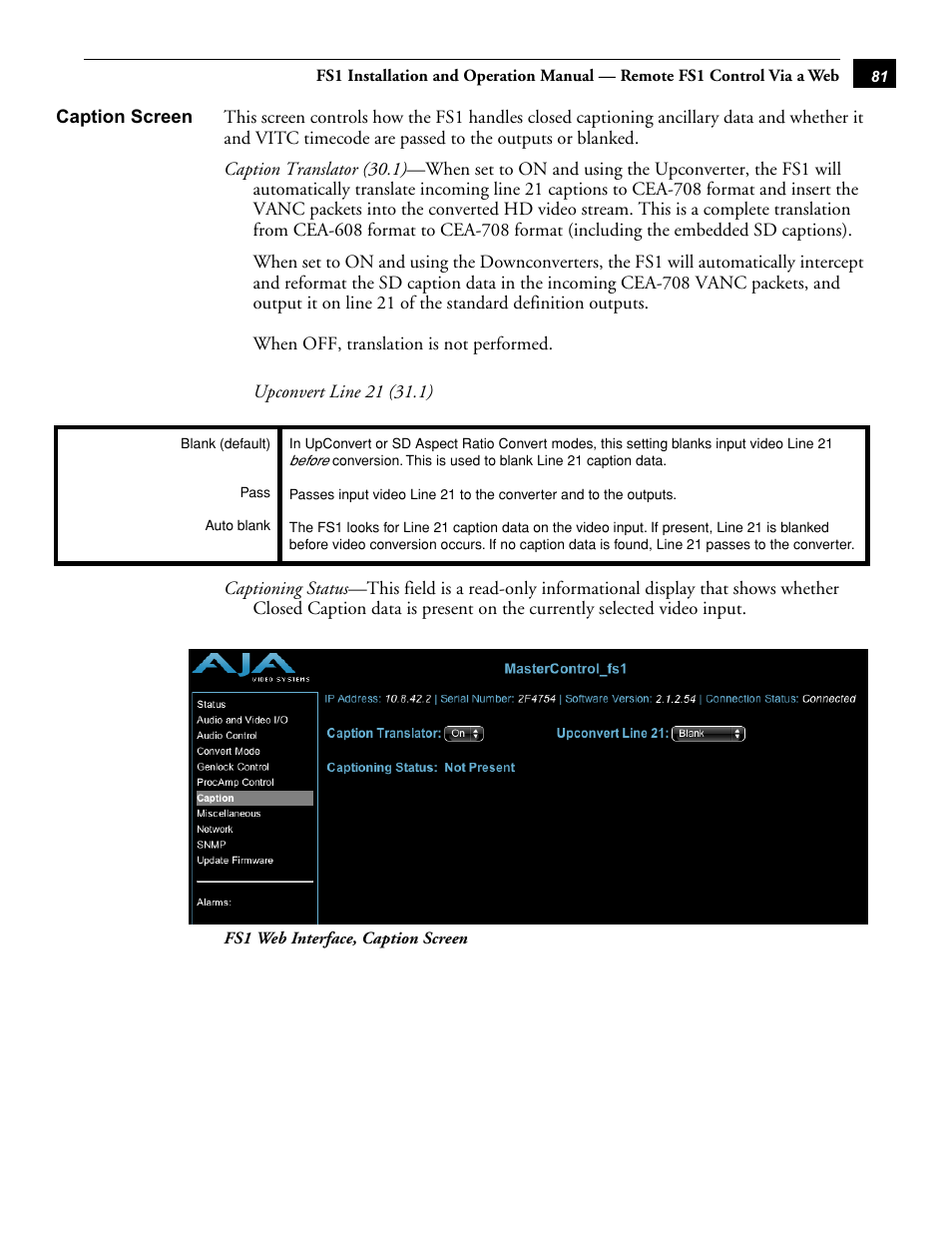 Caption screen | AJA FS1 User Manual | Page 89 / 106
