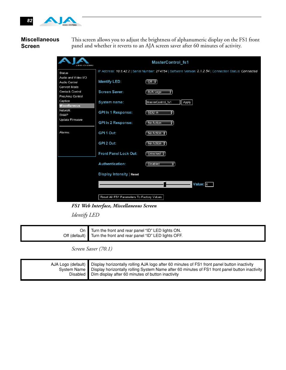 Miscellaneous screen | AJA FS1 User Manual | Page 90 / 106