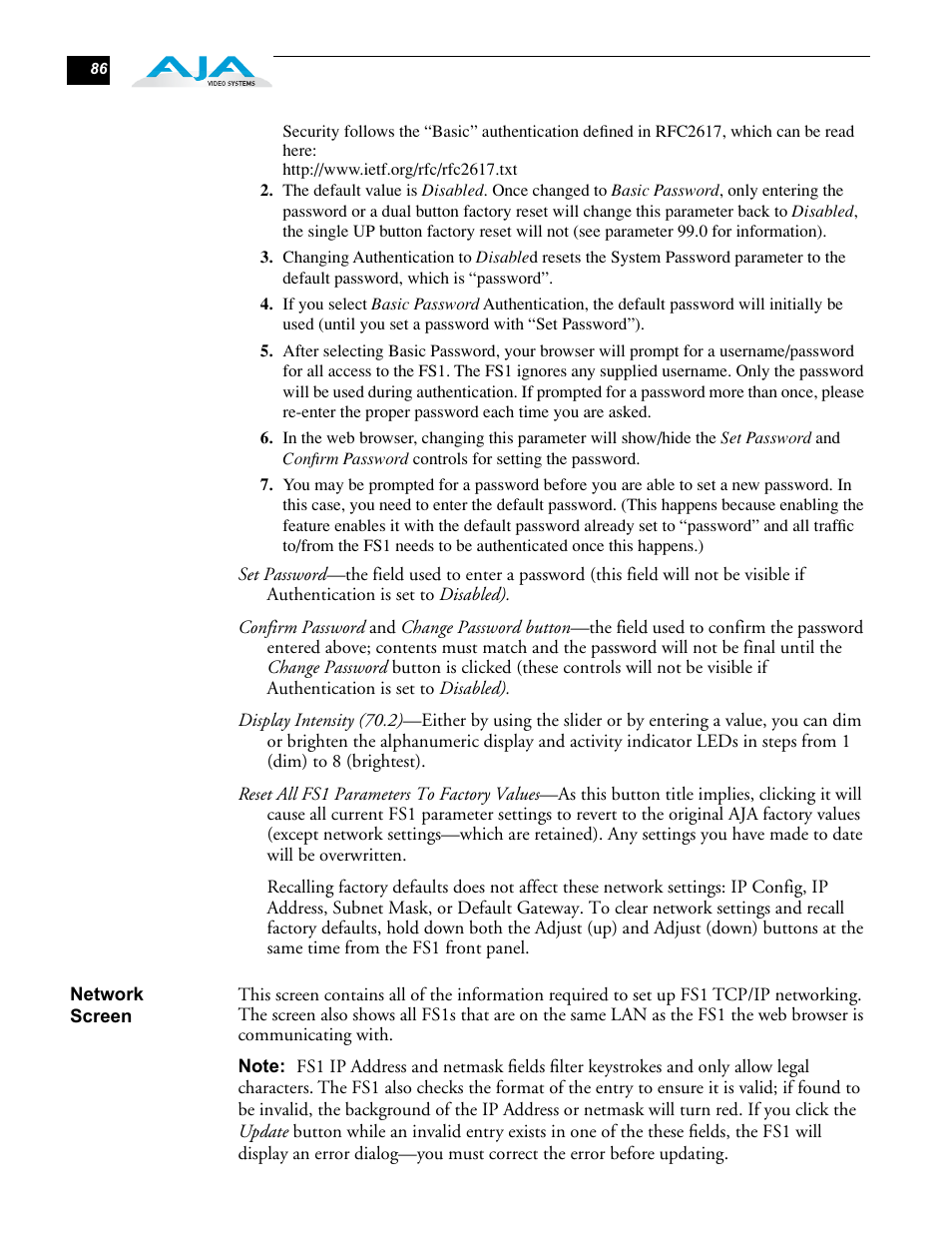Network screen | AJA FS1 User Manual | Page 94 / 106