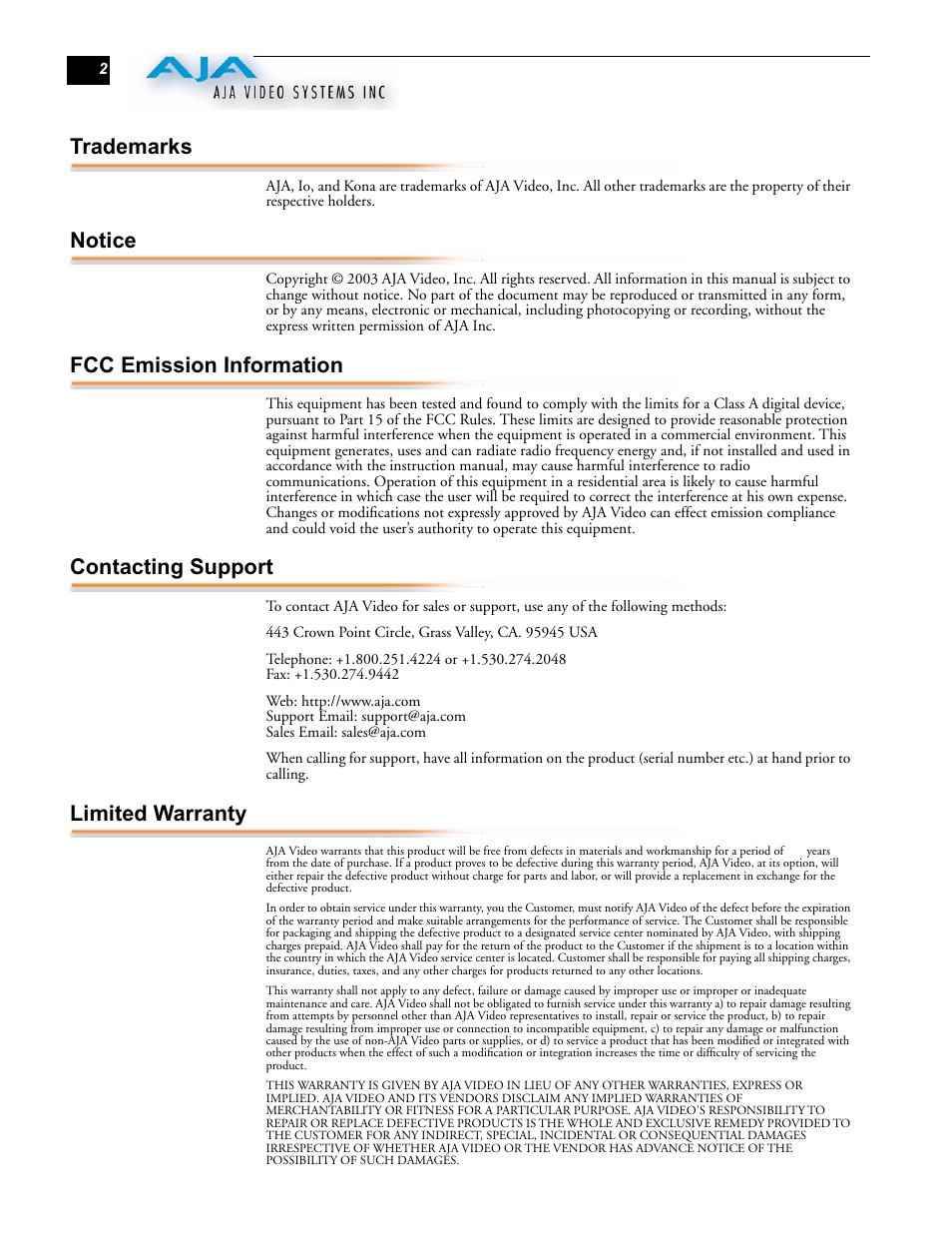 Trademarks, Notice, Fcc emission information | Contacting support, Limited warranty | AJA D10C2 User Manual | Page 2 / 7