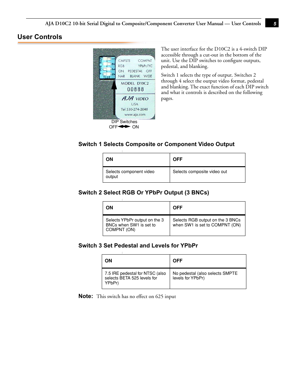 User controls | AJA D10C2 User Manual | Page 5 / 7