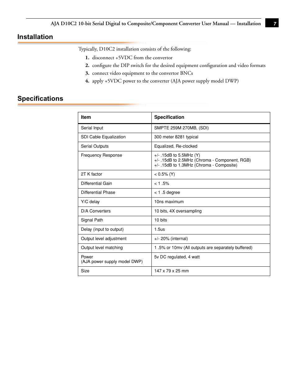 Installation, Specifications | AJA D10C2 User Manual | Page 7 / 7