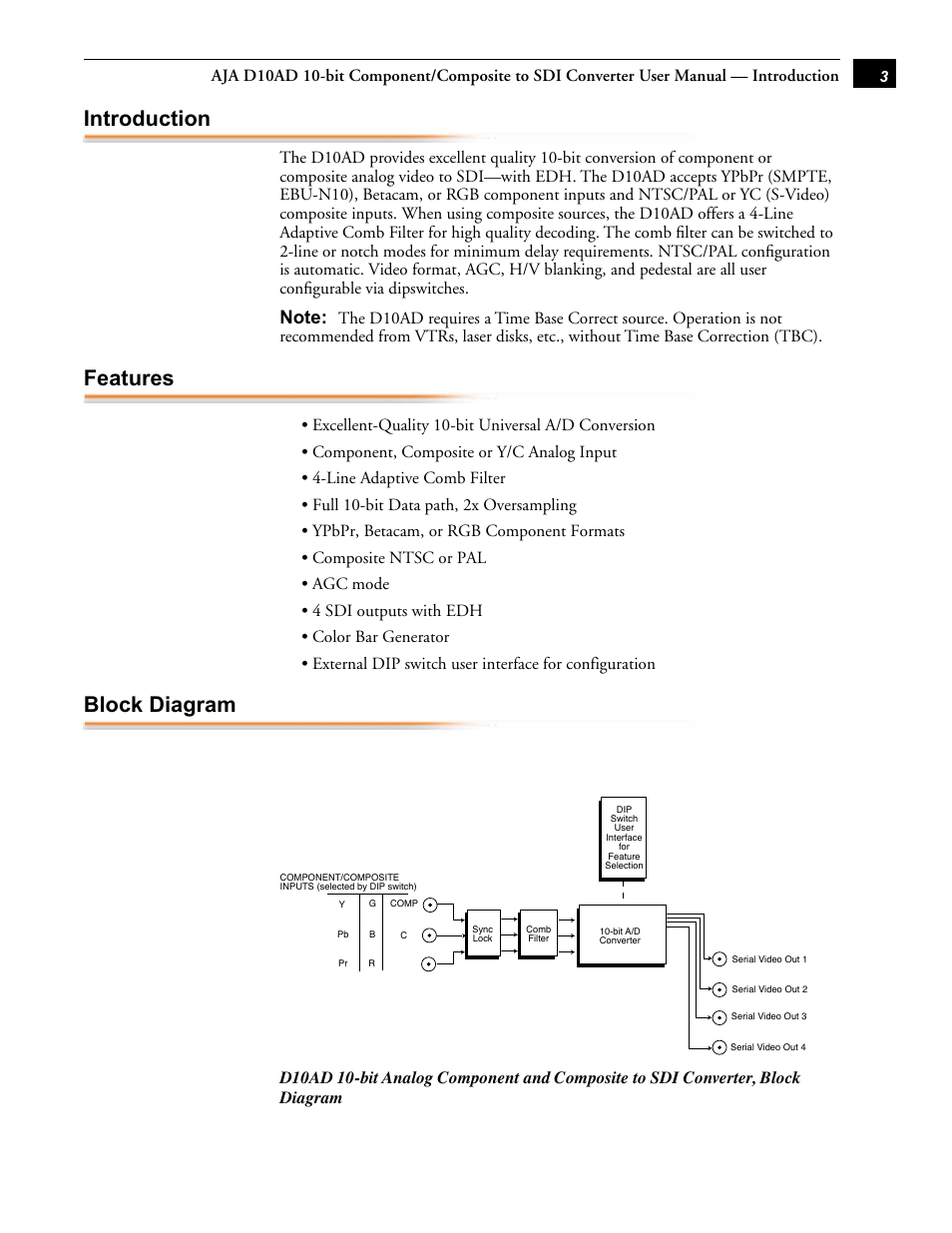 Introduction, Features, Block diagram | AJA D10AD User Manual | Page 3 / 6