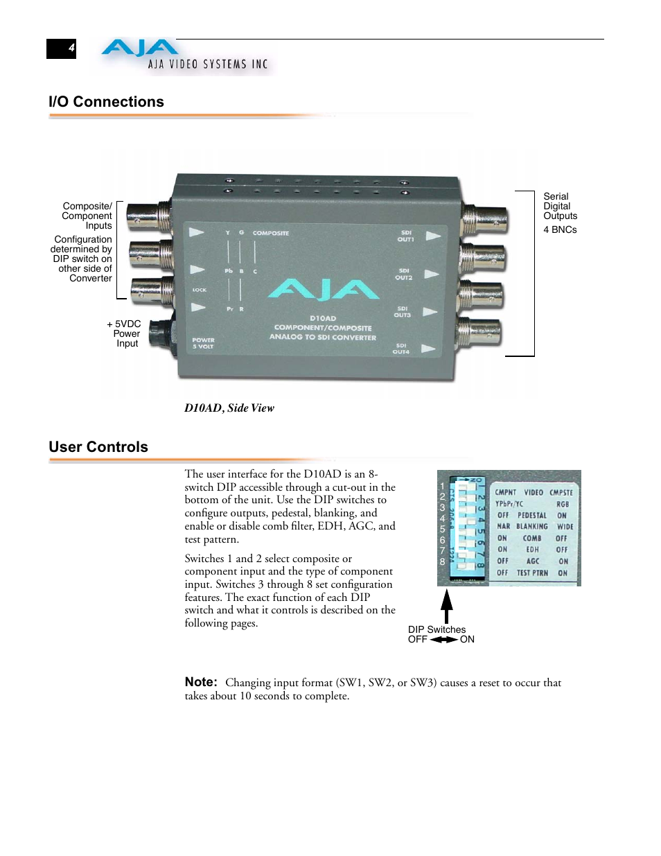 I/o connections, User controls | AJA D10AD User Manual | Page 4 / 6