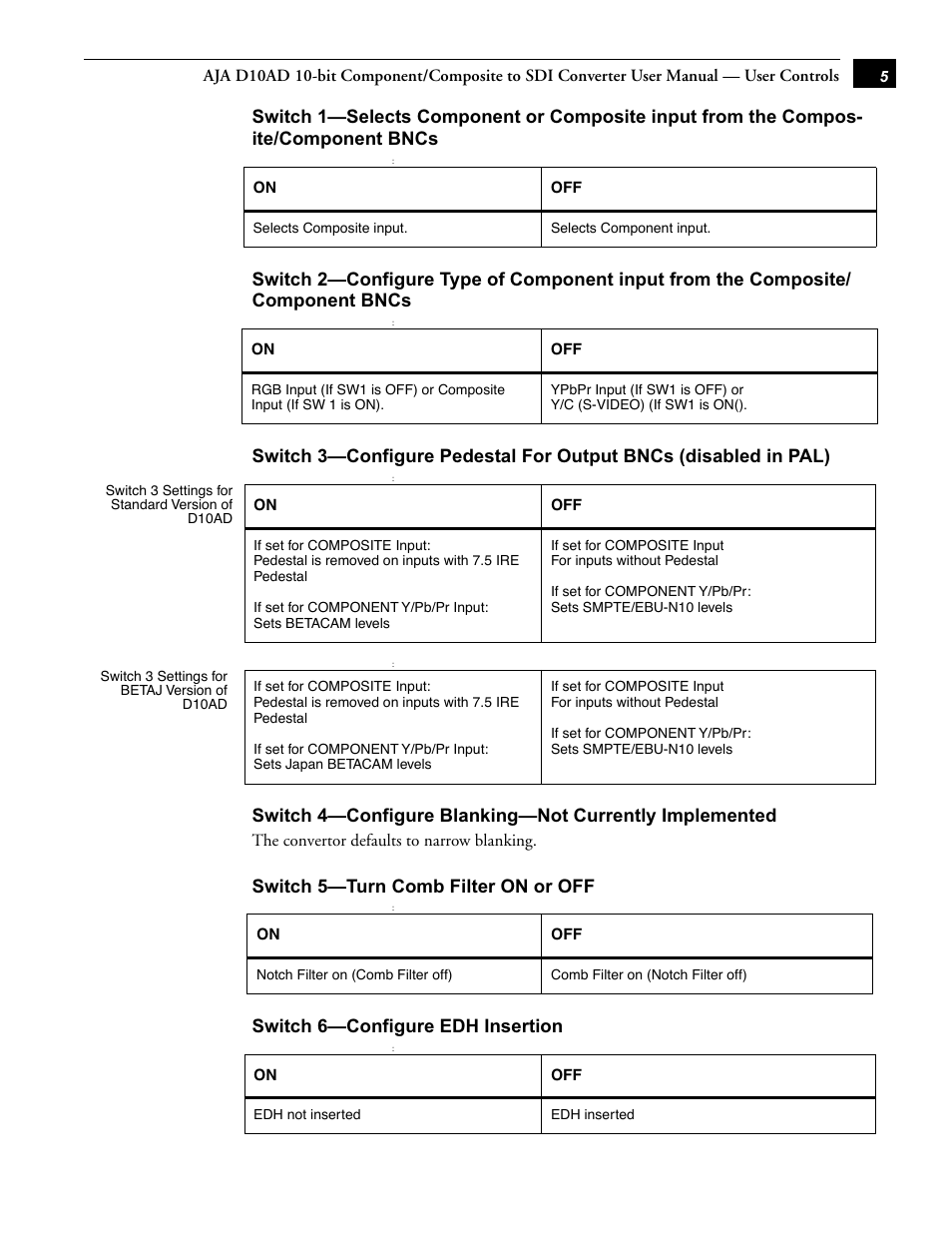 Switch 5—turn comb filter on or off, Switch 6—configure edh insertion | AJA D10AD User Manual | Page 5 / 6