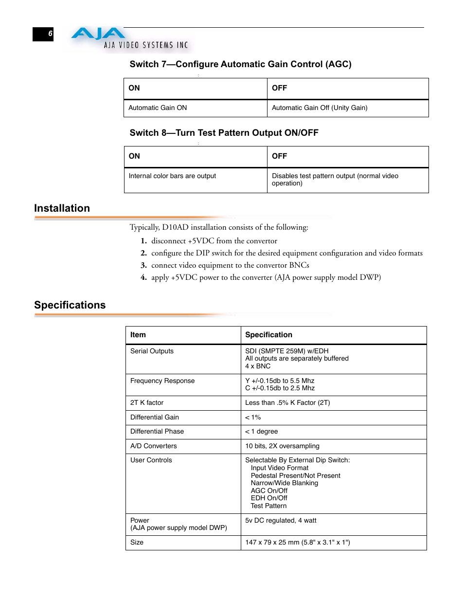 Installation, Specifications | AJA D10AD User Manual | Page 6 / 6