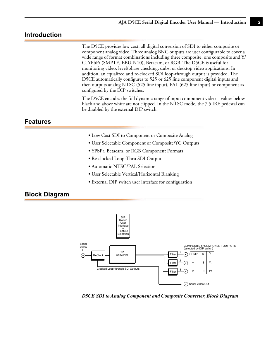 Introduction, Features, Block diagram | AJA D5CE User Manual | Page 3 / 8