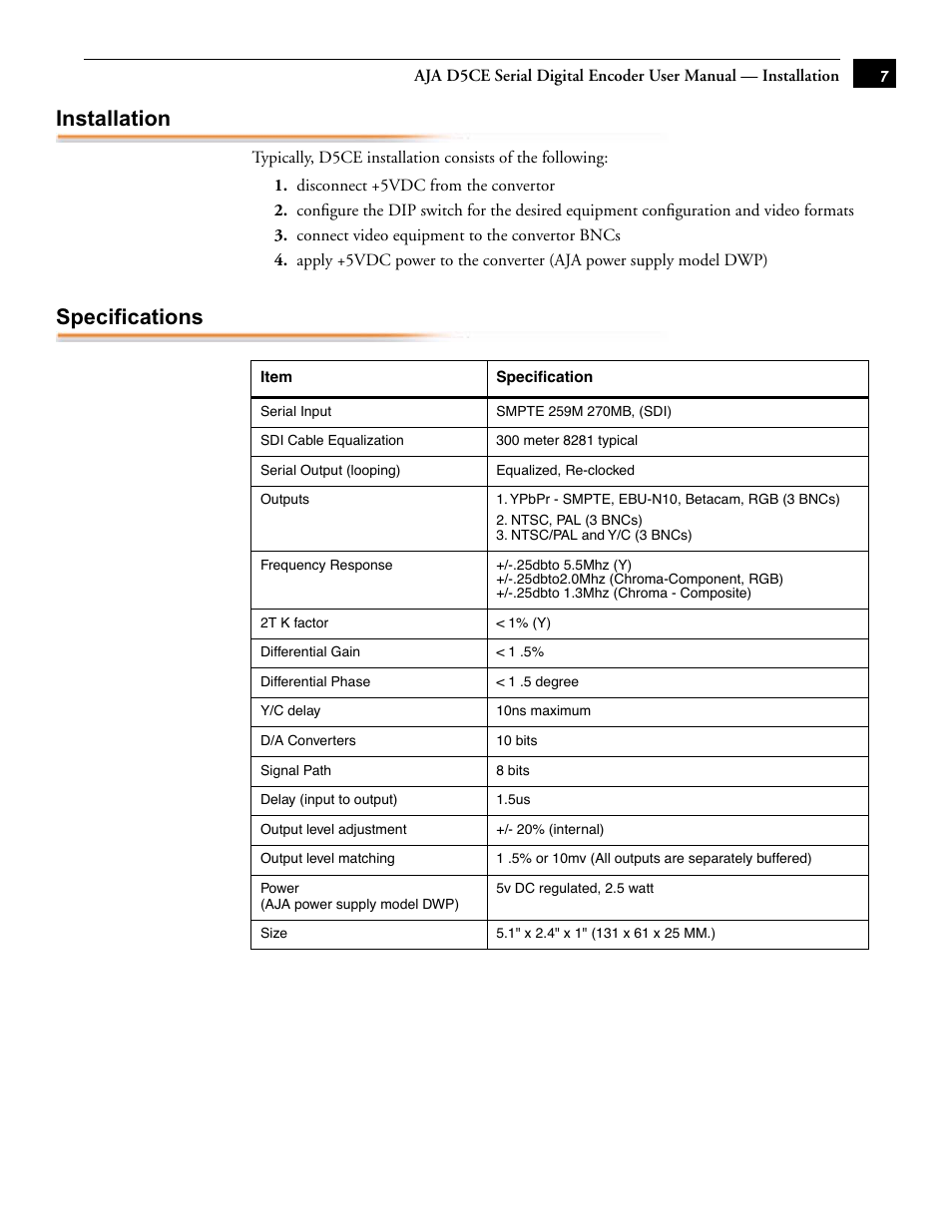 Installation, Specifications | AJA D5CE User Manual | Page 7 / 8
