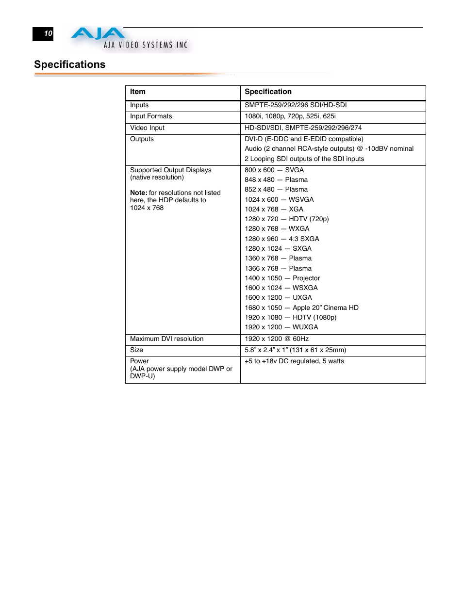 Specifications | AJA HDP User Manual | Page 10 / 10