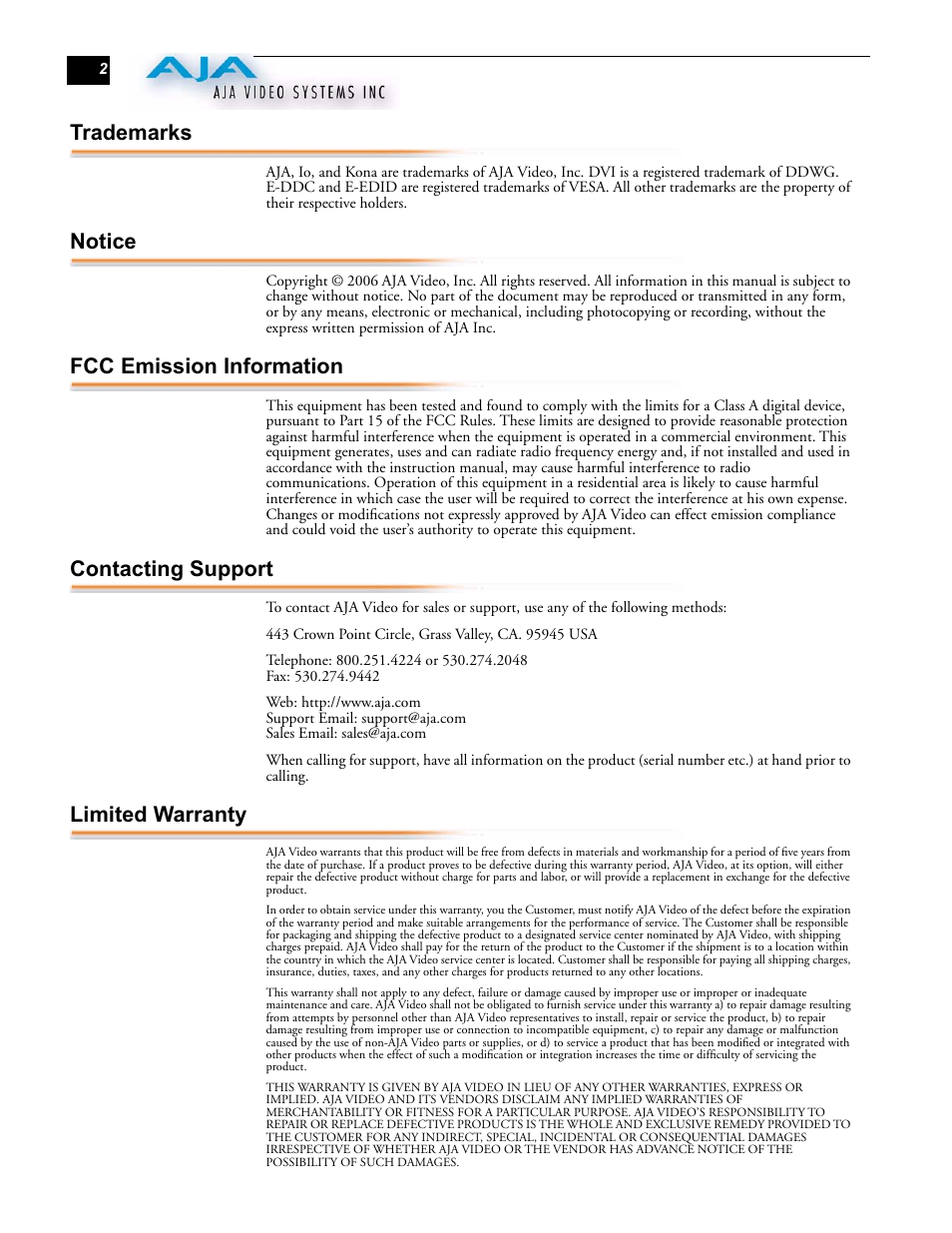 Trademarks, Notice, Fcc emission information | Contacting support, Limited warranty | AJA HDP User Manual | Page 2 / 10