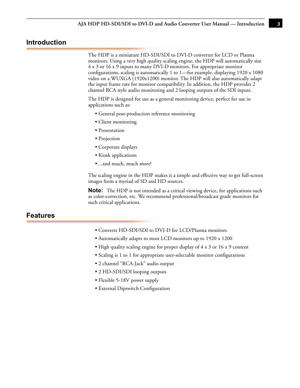 Introduction, Features | AJA HDP User Manual | Page 3 / 10