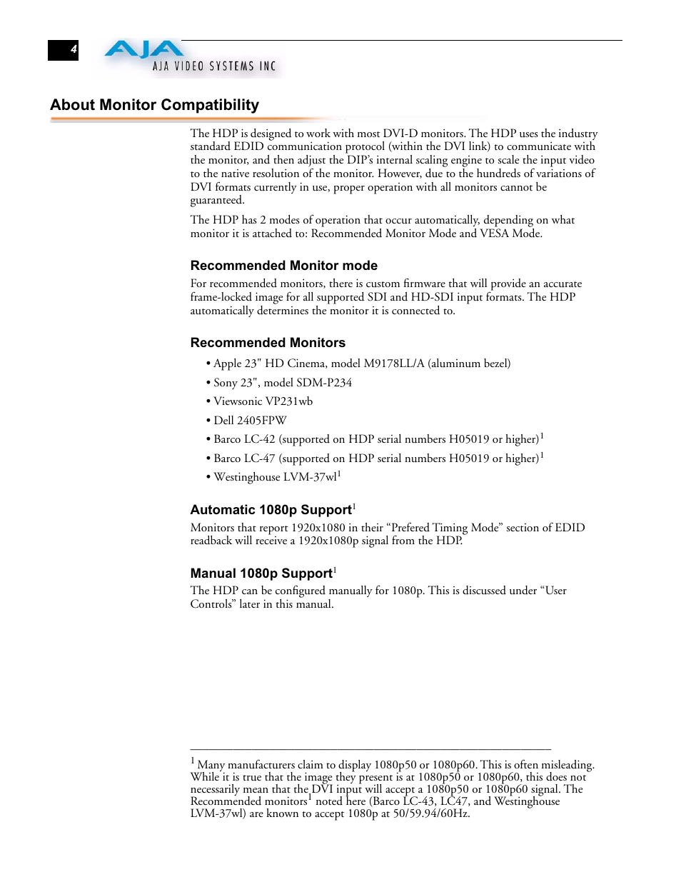 About monitor compatibility | AJA HDP User Manual | Page 4 / 10