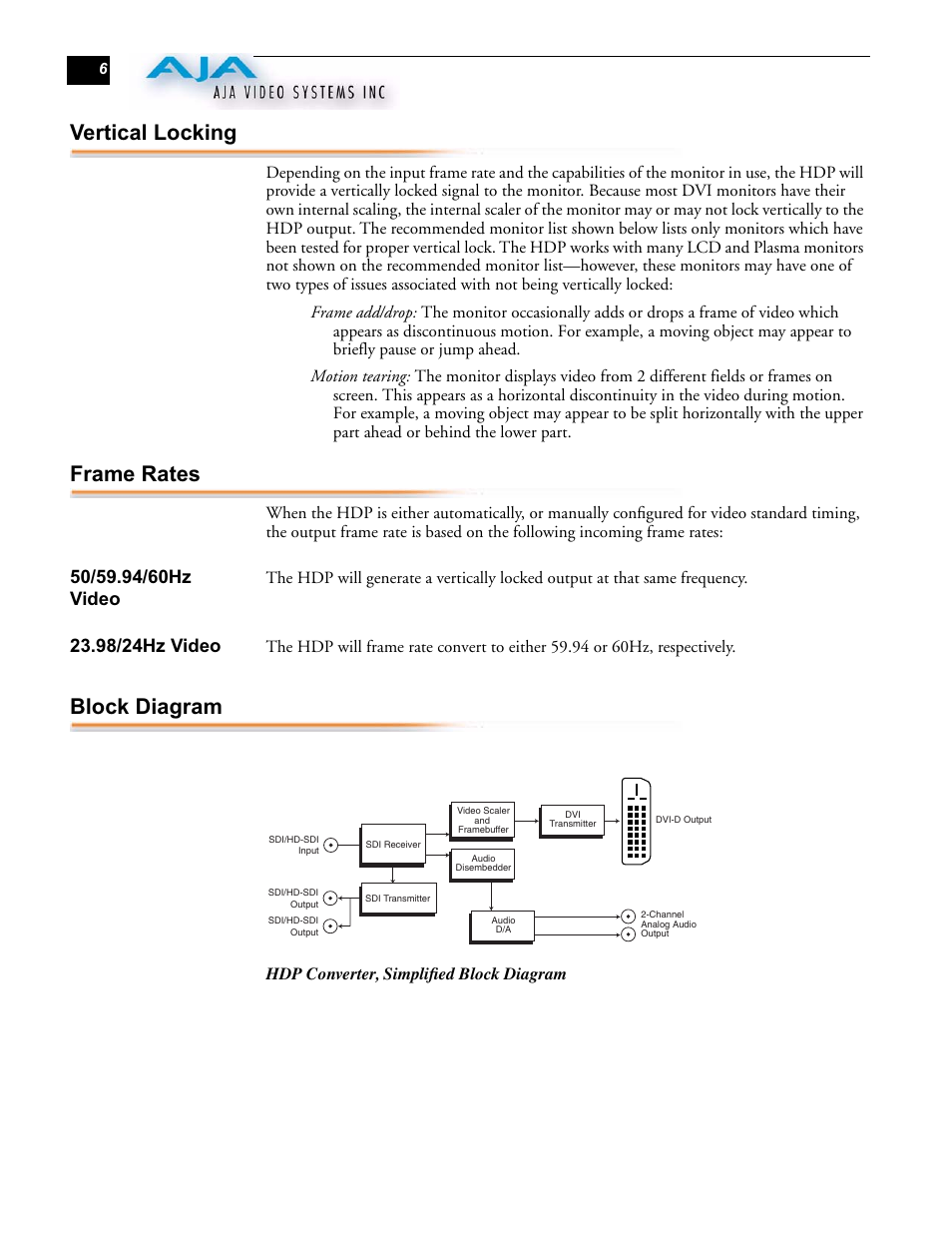 Vertical locking, Frame rates, Block diagram | 98/24hz video | AJA HDP User Manual | Page 6 / 10