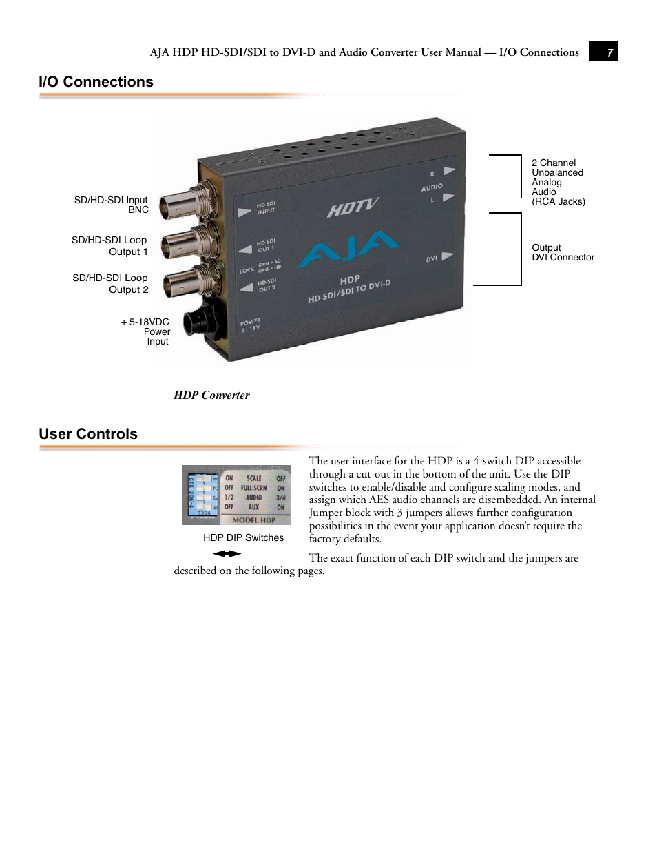 I/o connections, User controls | AJA HDP User Manual | Page 7 / 10