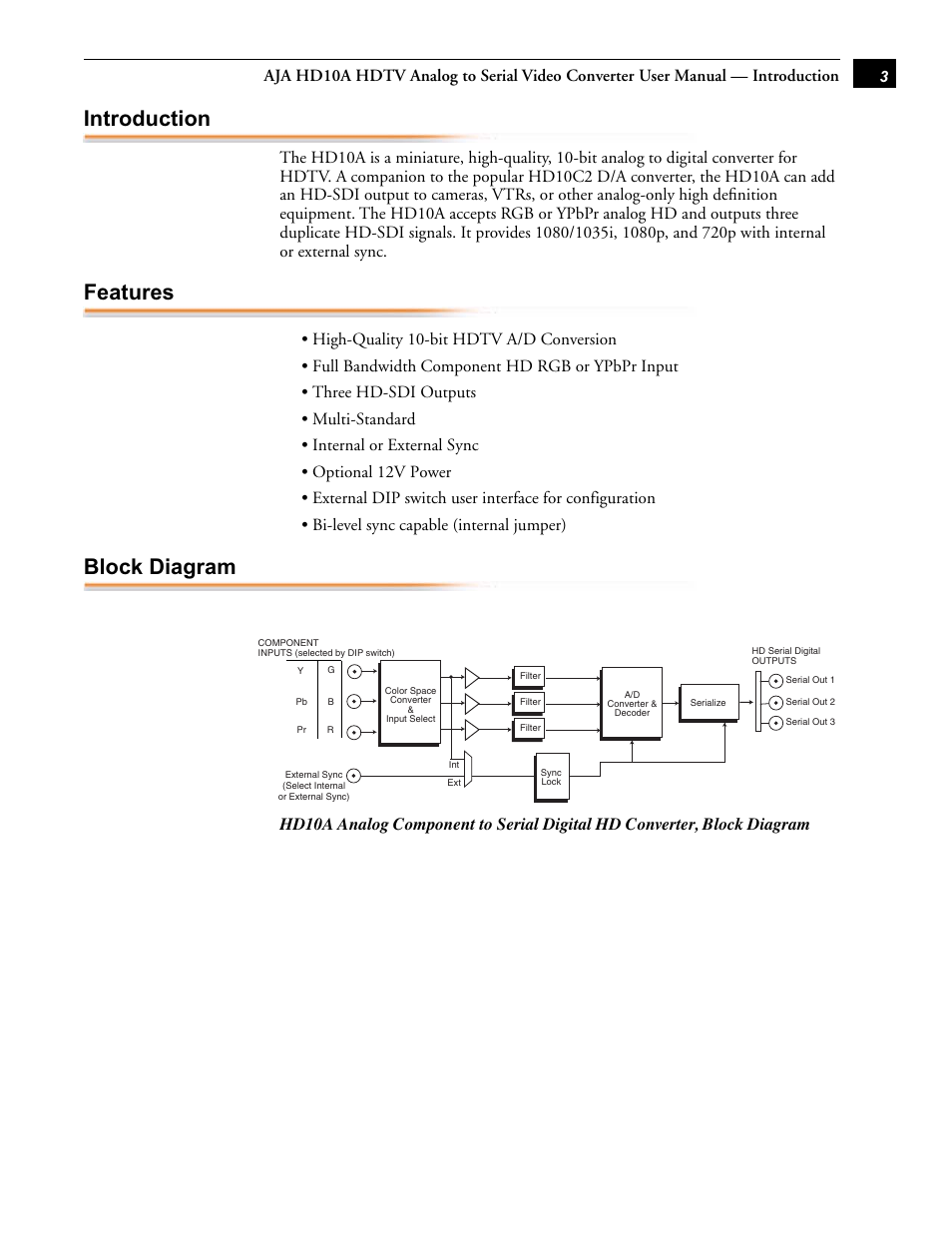 Introduction, Features, Block diagram | AJA HD10A User Manual | Page 3 / 6