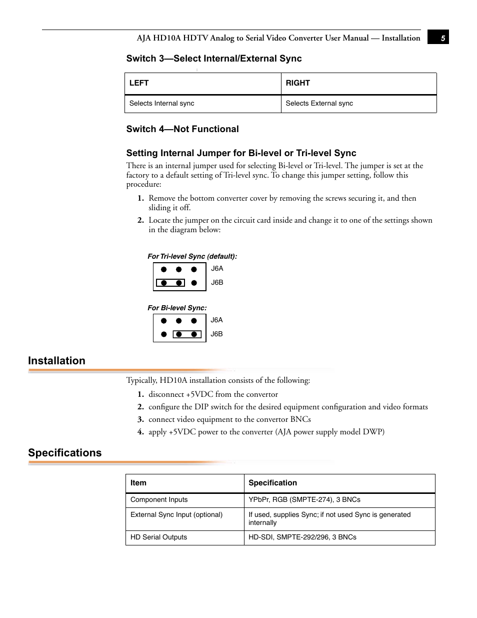 Installation, Specifications | AJA HD10A User Manual | Page 5 / 6