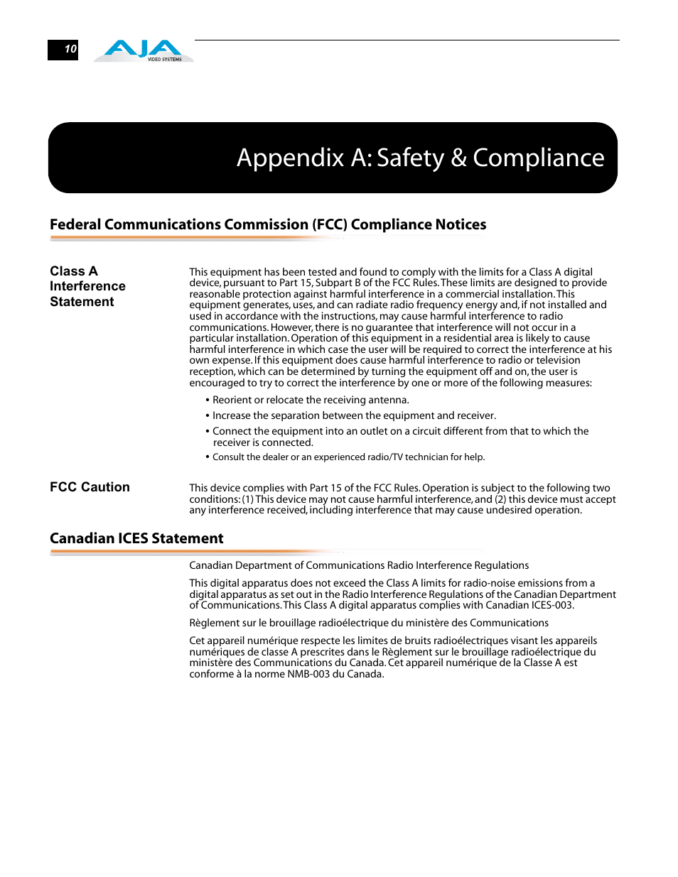 Appendix a: safety & compliance, Canadian ices statement | AJA FR2 User Manual | Page 10 / 18