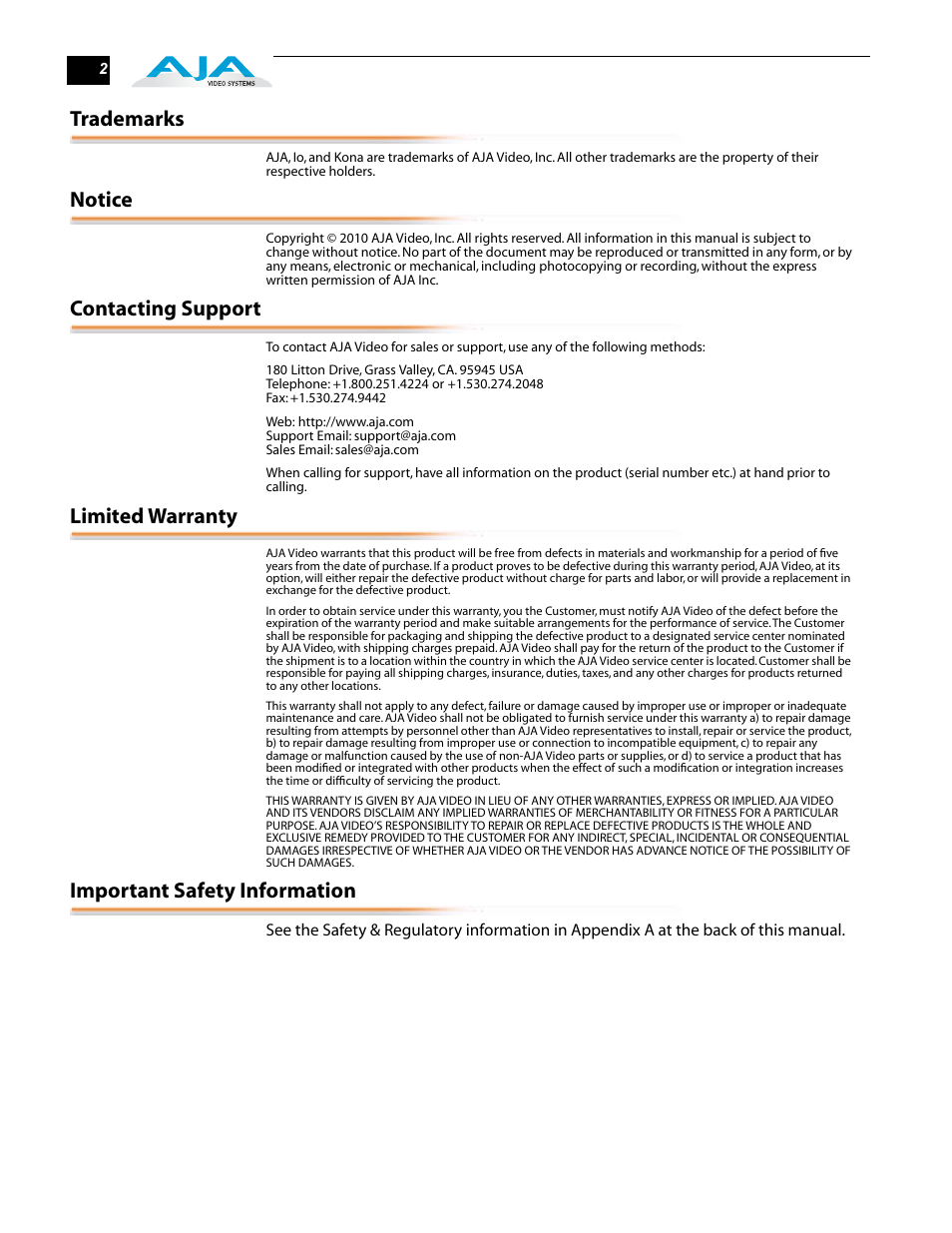 Trademarks, Notice, Contacting support | Limited warranty, Important safety information | AJA FR2 User Manual | Page 2 / 18