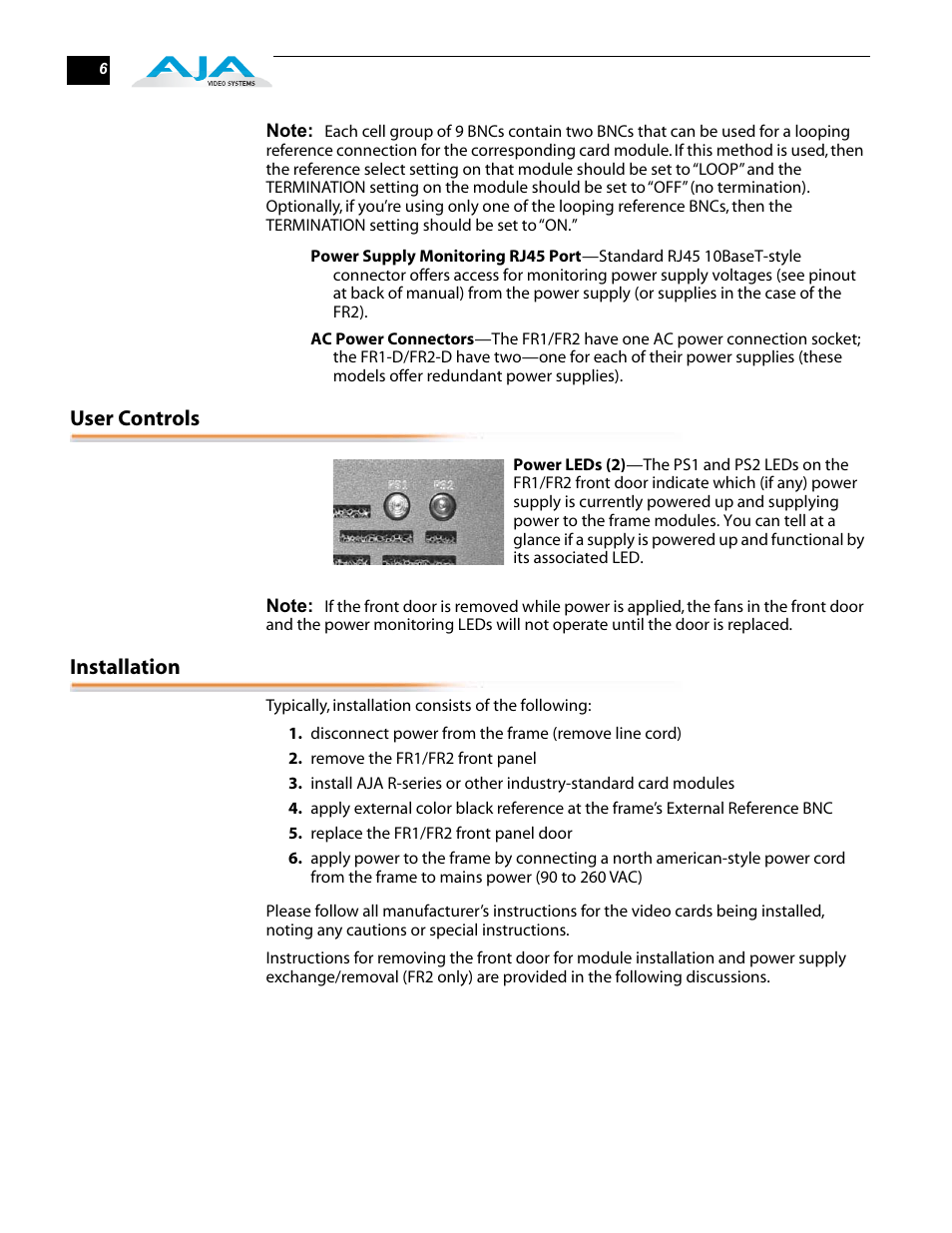 User controls, Installation | AJA FR2 User Manual | Page 6 / 18